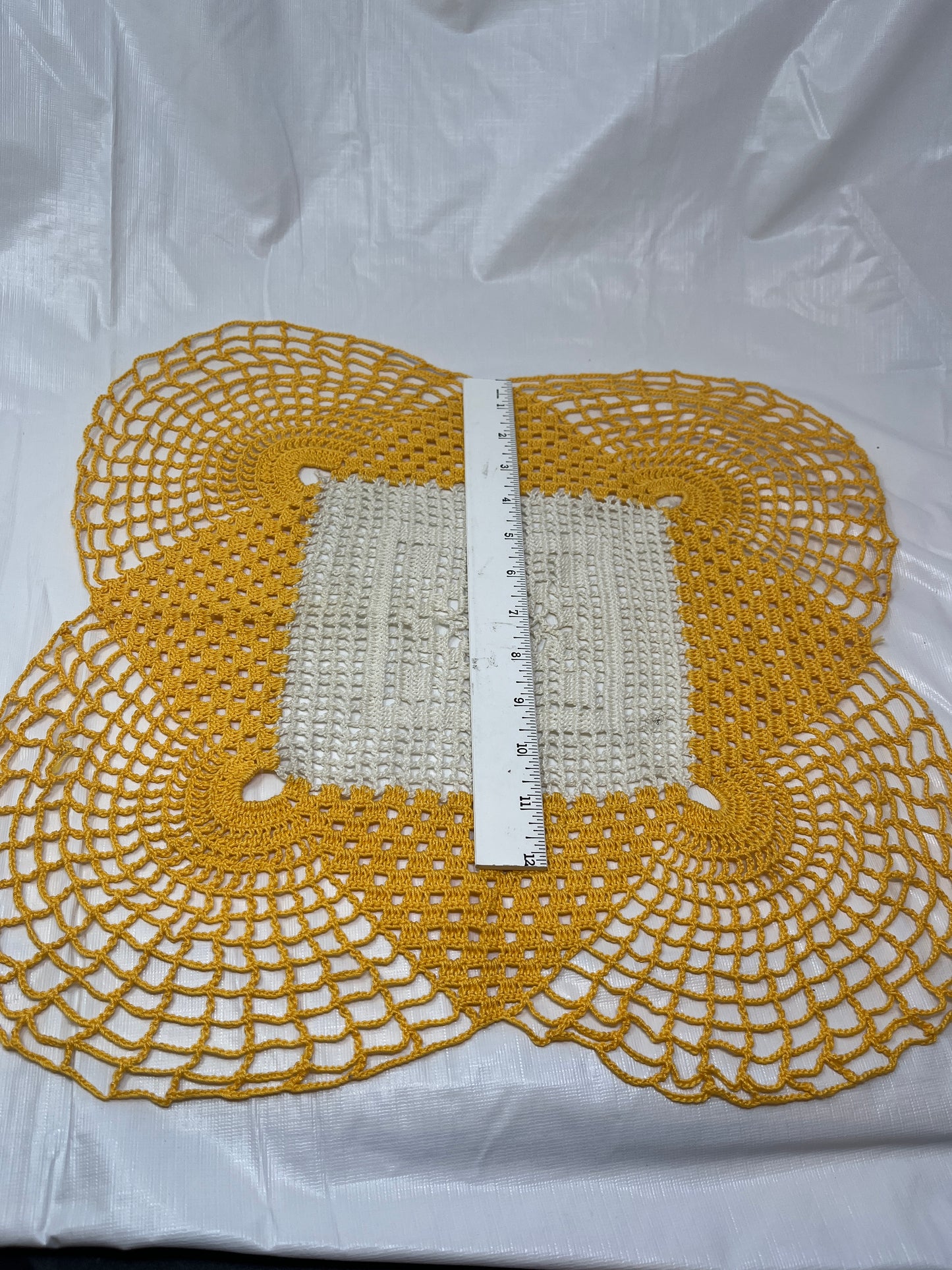 Hand Crocheted Square Doily β Cream & Yellow, 17" Vintage Table Accent