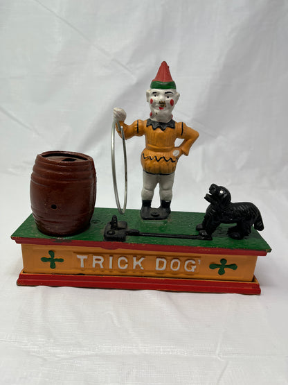 Vintage Cast Iron Trick Dog Circus Clown Mechanical Coin Bank Taiwan 8x2.5x7