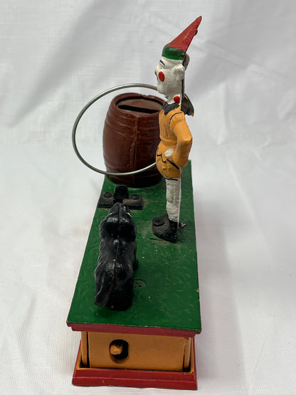 Vintage Cast Iron Trick Dog Circus Clown Mechanical Coin Bank Taiwan 8x2.5x7
