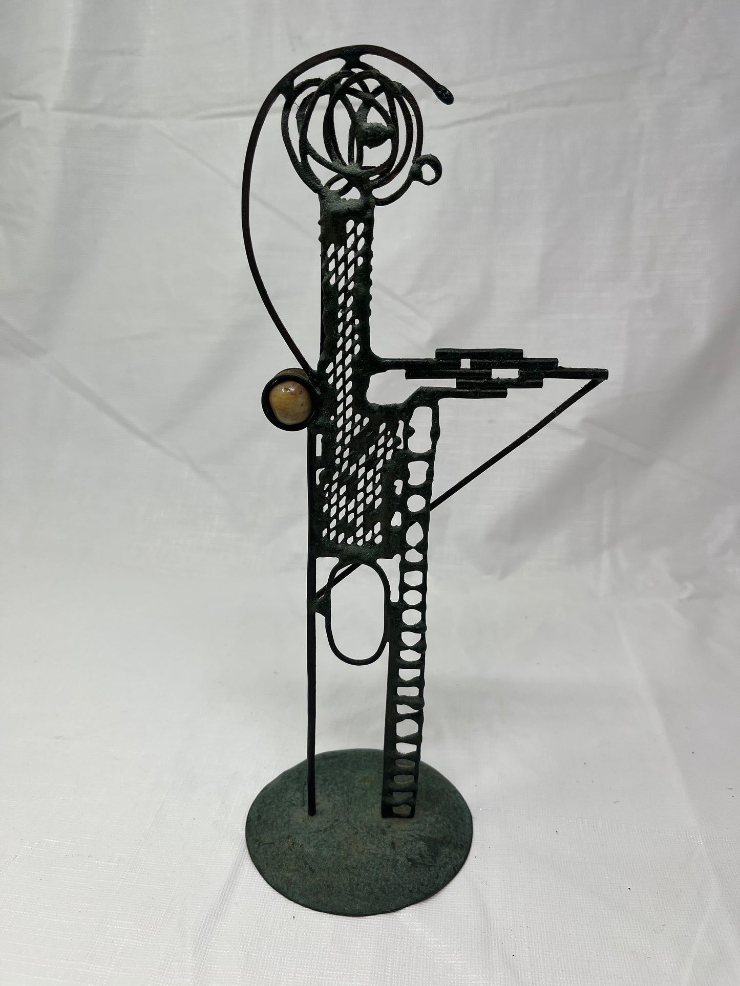Abstract Humanoid Metal Sculpture with Brown Stone 10.5 Inch