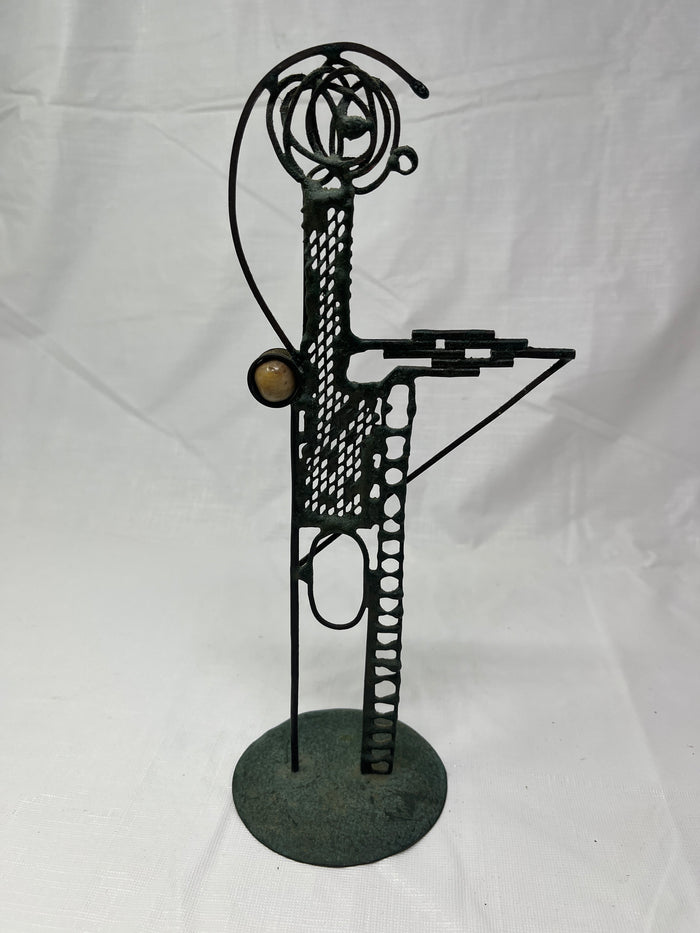 Abstract Humanoid Metal Sculpture with Brown Stone 10.5 Inch