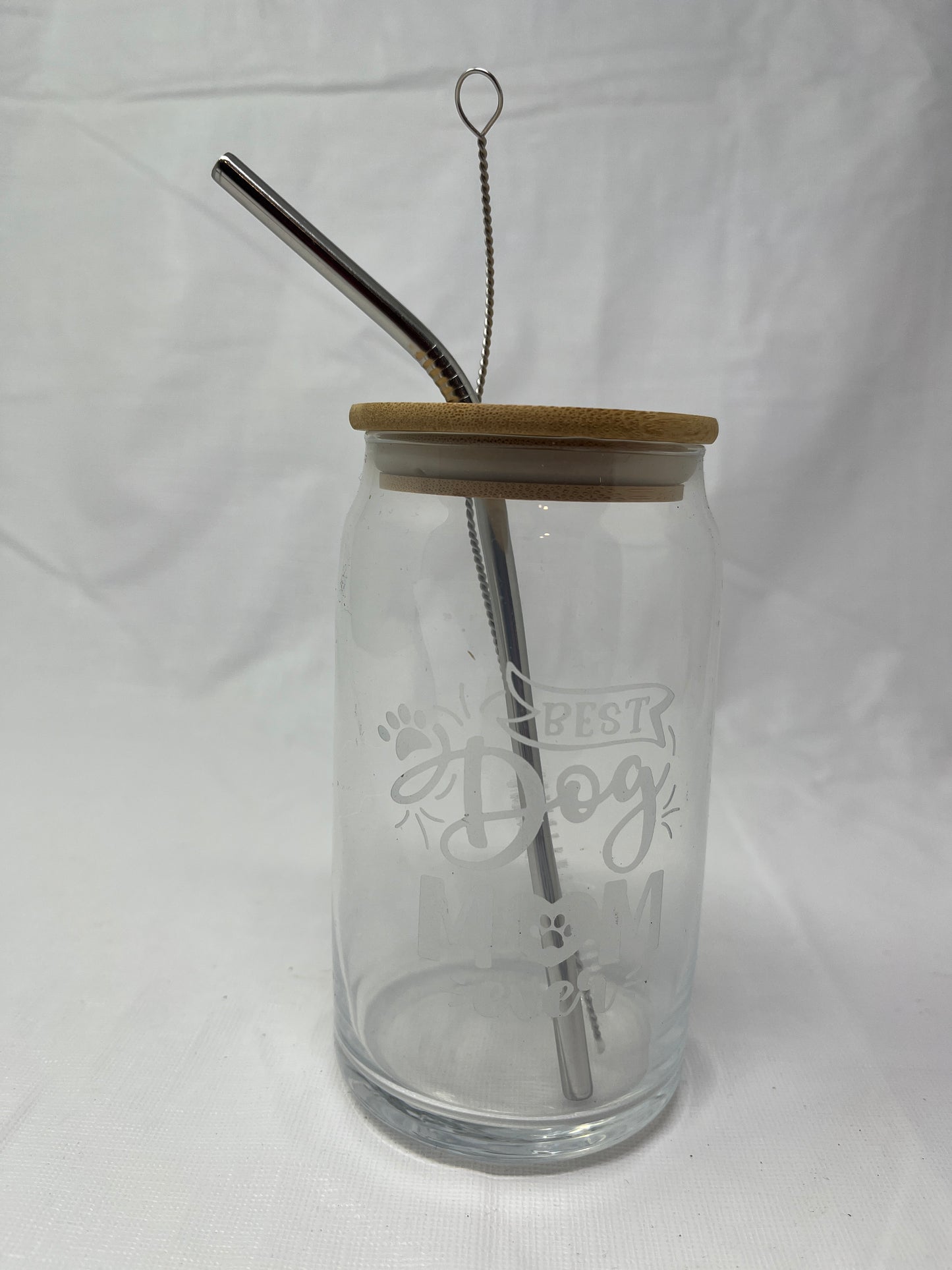 Best Dog Mom Ever Glass Wooden Top Metal Straw