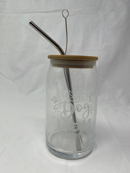 Best Dog Mom Ever Glass Wooden Top Metal Straw