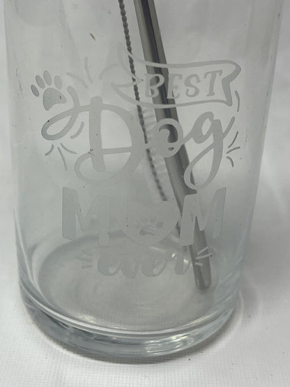 Best Dog Mom Ever Glass Wooden Top Metal Straw
