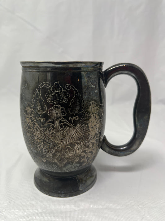 A.K.E. 2963 India Silver Plated Etched Mug – Floral Engraved Tankard