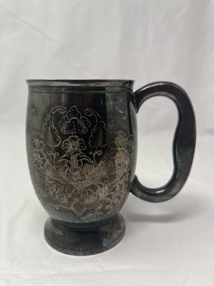 A.K.E. 2963 India Silver Plated Etched Mug – Floral Engraved Tankard