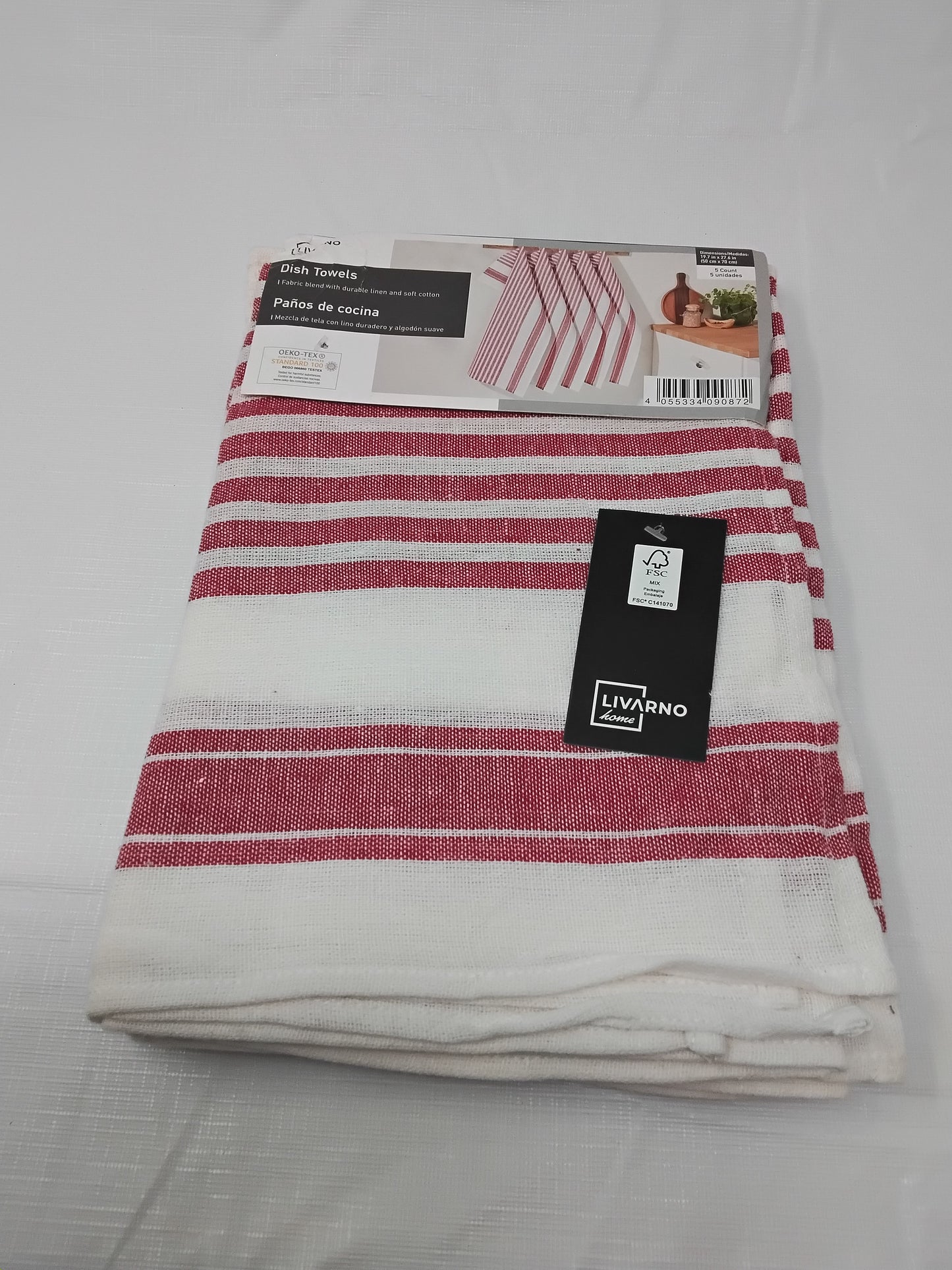 Livarno Dish Towels 5 Pack Red White Stripe Linen Cotton 19.7x27.6