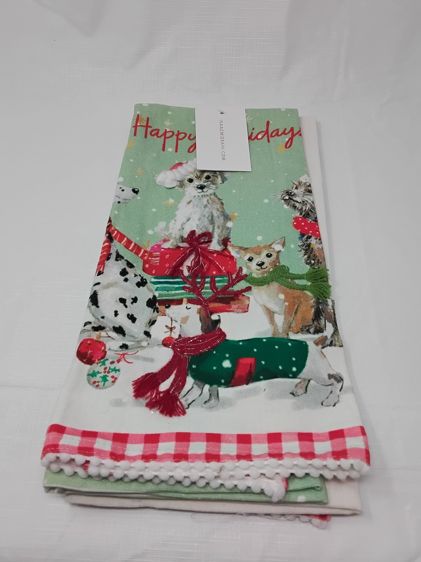 Isaac Mizrahi Set of 2 Kitchen Towels Dogs Holiday Gingham Trim w/ Tags