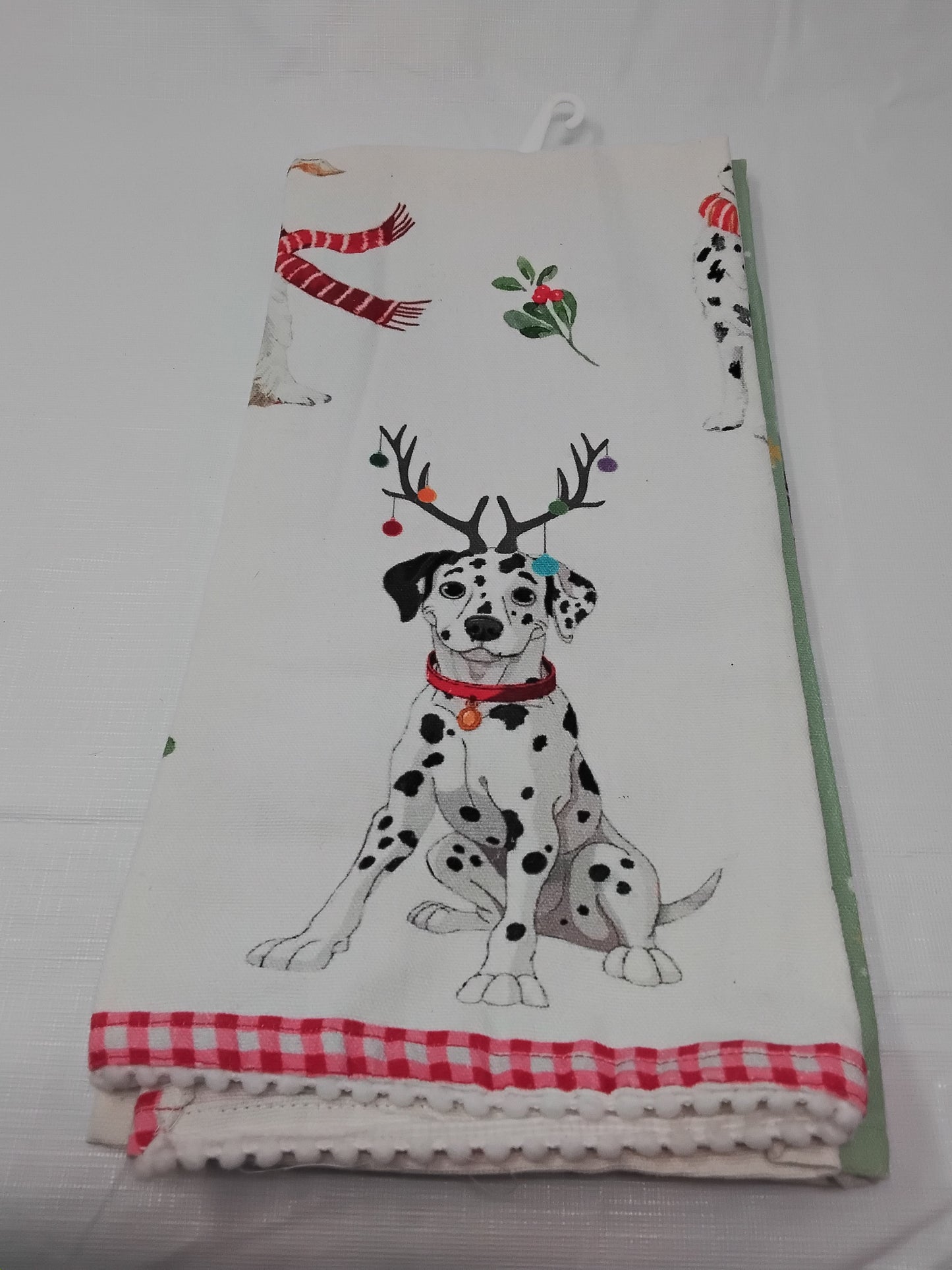 Isaac Mizrahi Set of 2 Kitchen Towels Dogs Holiday Gingham Trim w/ Tags