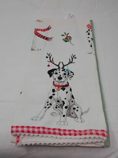 Isaac Mizrahi Set of 2 Kitchen Towels Dogs Holiday Gingham Trim w/ Tags