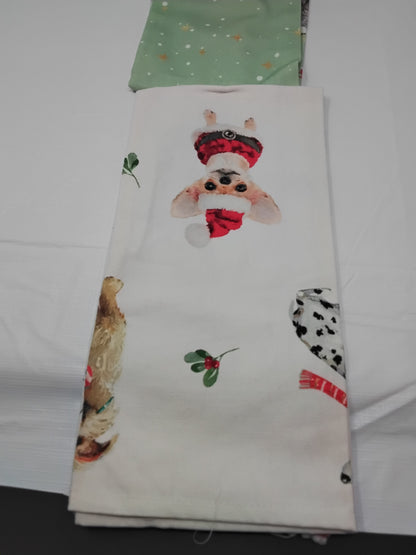 Isaac Mizrahi Set of 2 Kitchen Towels Dogs Holiday Gingham Trim w/ Tags