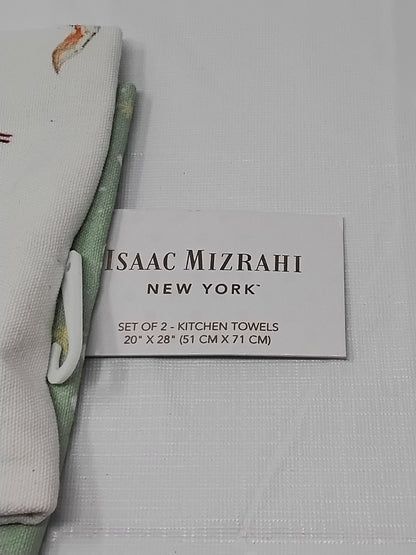 Isaac Mizrahi Set of 2 Kitchen Towels Dogs Holiday Gingham Trim w/ Tags