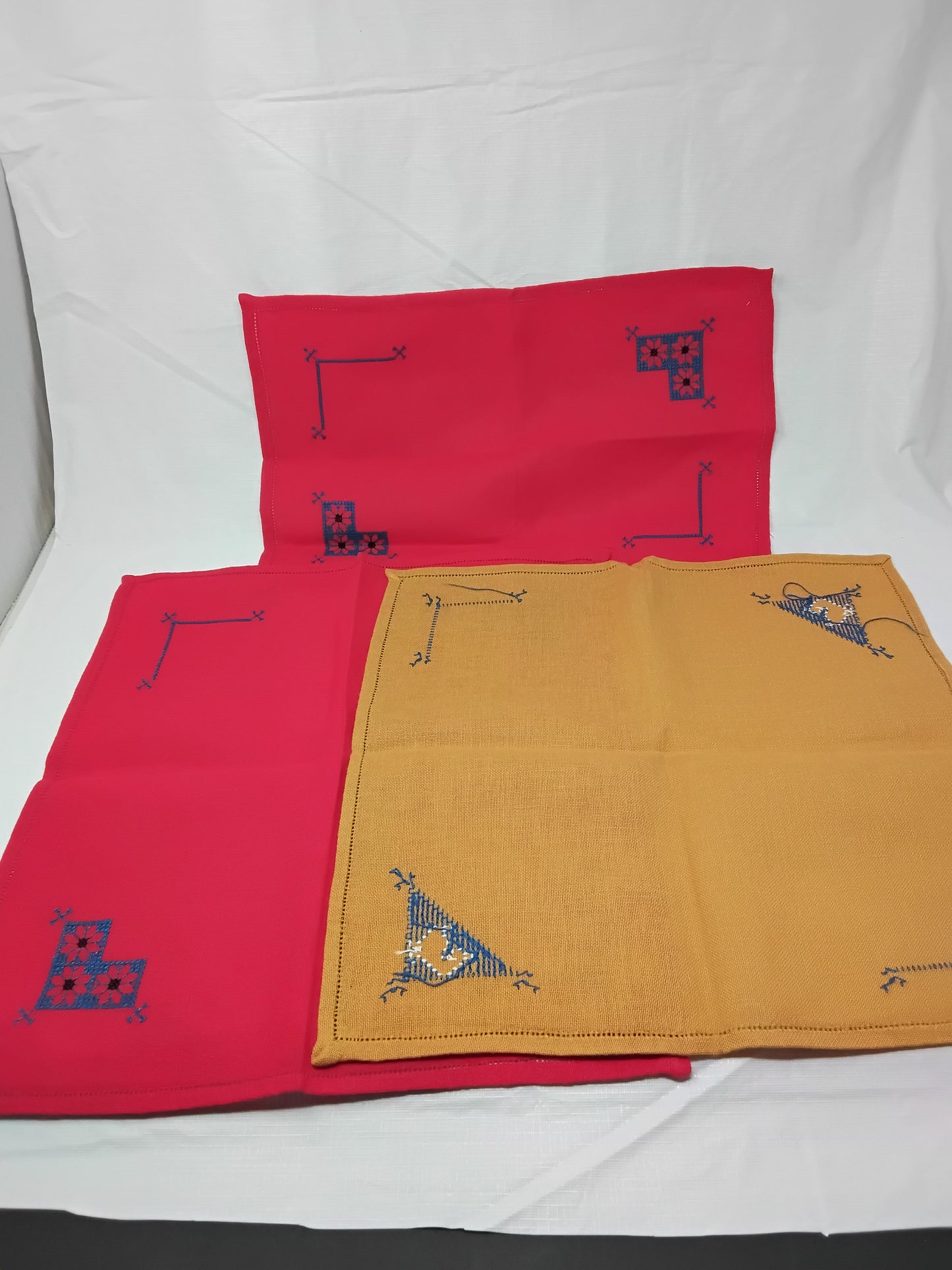 Set of 3 Hand-Embroidered Napkins  Red & Yellow Blue Corner Stitching