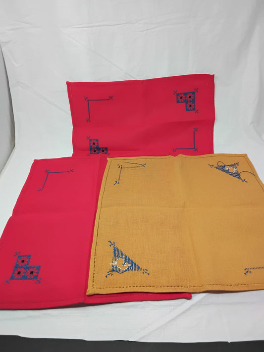 Set of 3 Hand-Embroidered Napkins  Red & Yellow Blue Corner Stitching