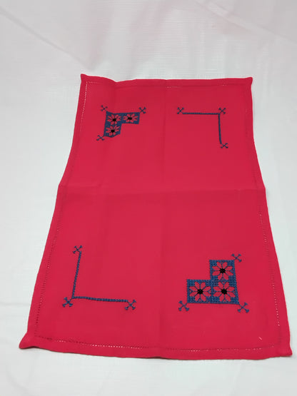 Set of 3 Hand-Embroidered Napkins  Red & Yellow Blue Corner Stitching