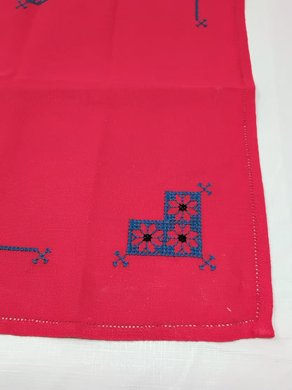 Set of 3 Hand-Embroidered Napkins  Red & Yellow Blue Corner Stitching