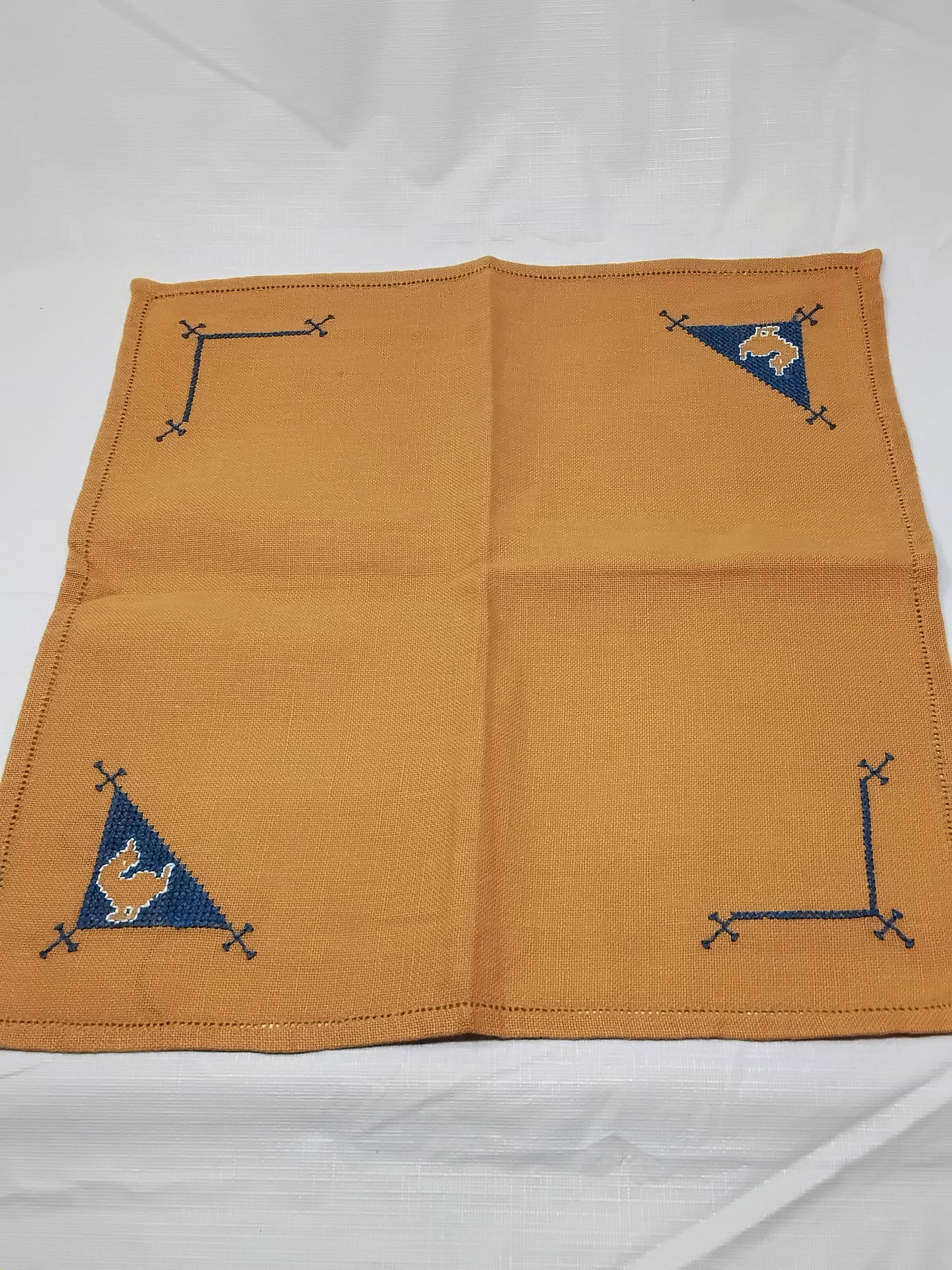 Set of 3 Hand-Embroidered Napkins  Red & Yellow Blue Corner Stitching