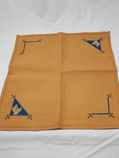 Set of 3 Hand-Embroidered Napkins  Red & Yellow Blue Corner Stitching