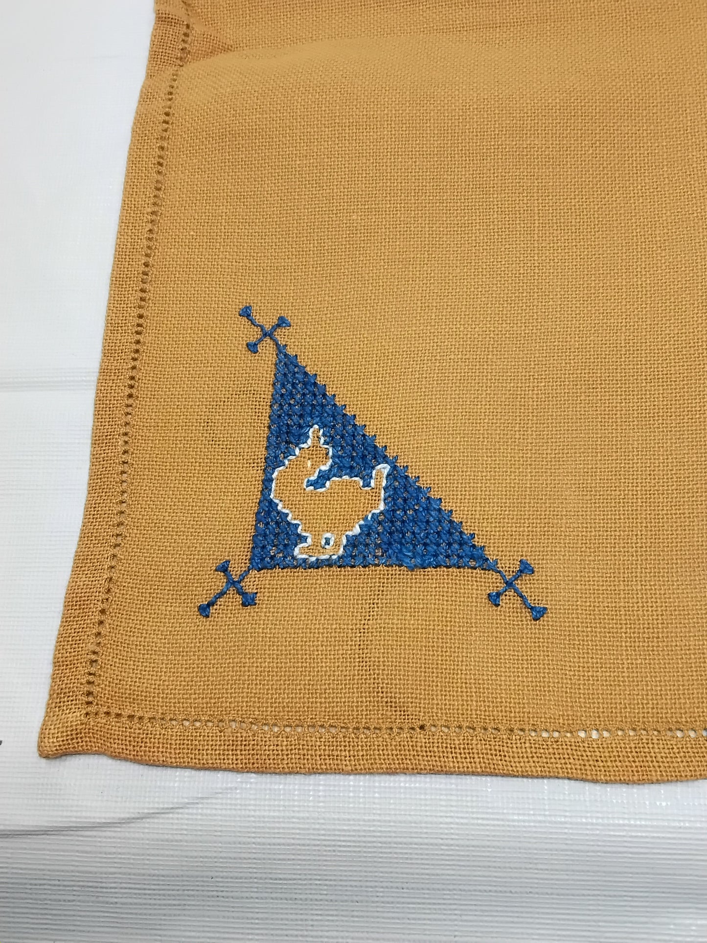 Set of 3 Hand-Embroidered Napkins  Red & Yellow Blue Corner Stitching
