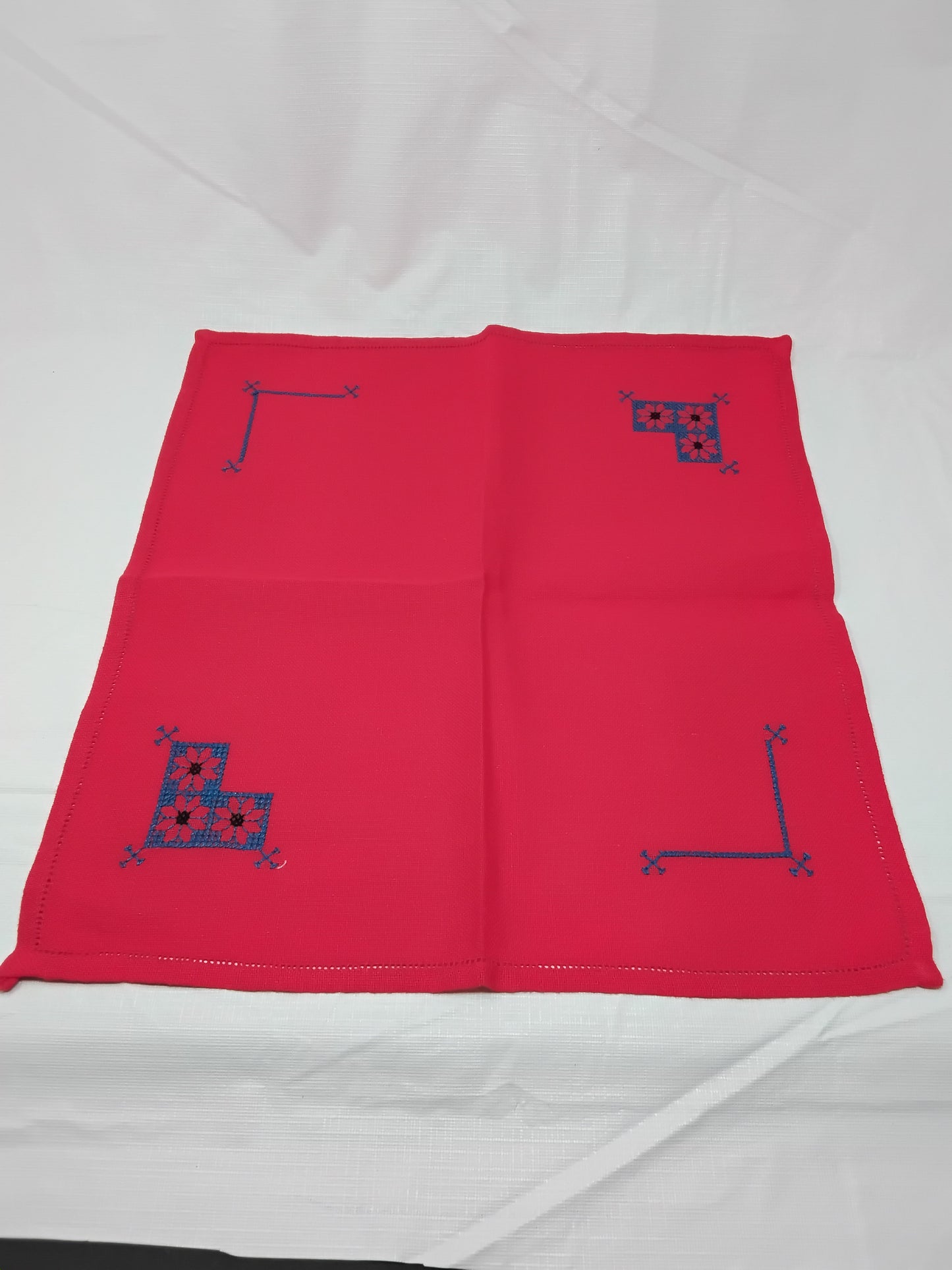 Set of 3 Hand-Embroidered Napkins  Red & Yellow Blue Corner Stitching