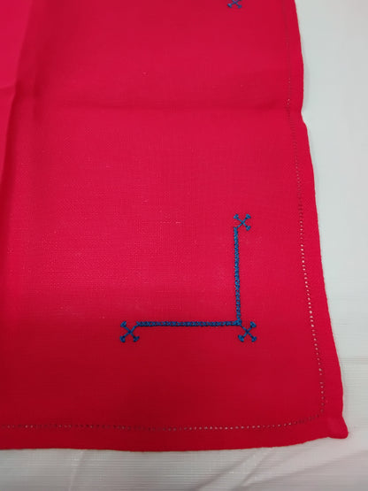 Set of 3 Hand-Embroidered Napkins  Red & Yellow Blue Corner Stitching