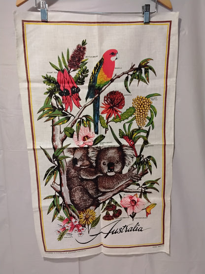 Souvenirs Australia Vintage Linen Tea Towel Koalas Rosella Floral Design 31x18.5
