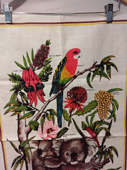 Souvenirs Australia Vintage Linen Tea Towel Koalas Rosella Floral Design 31x18.5
