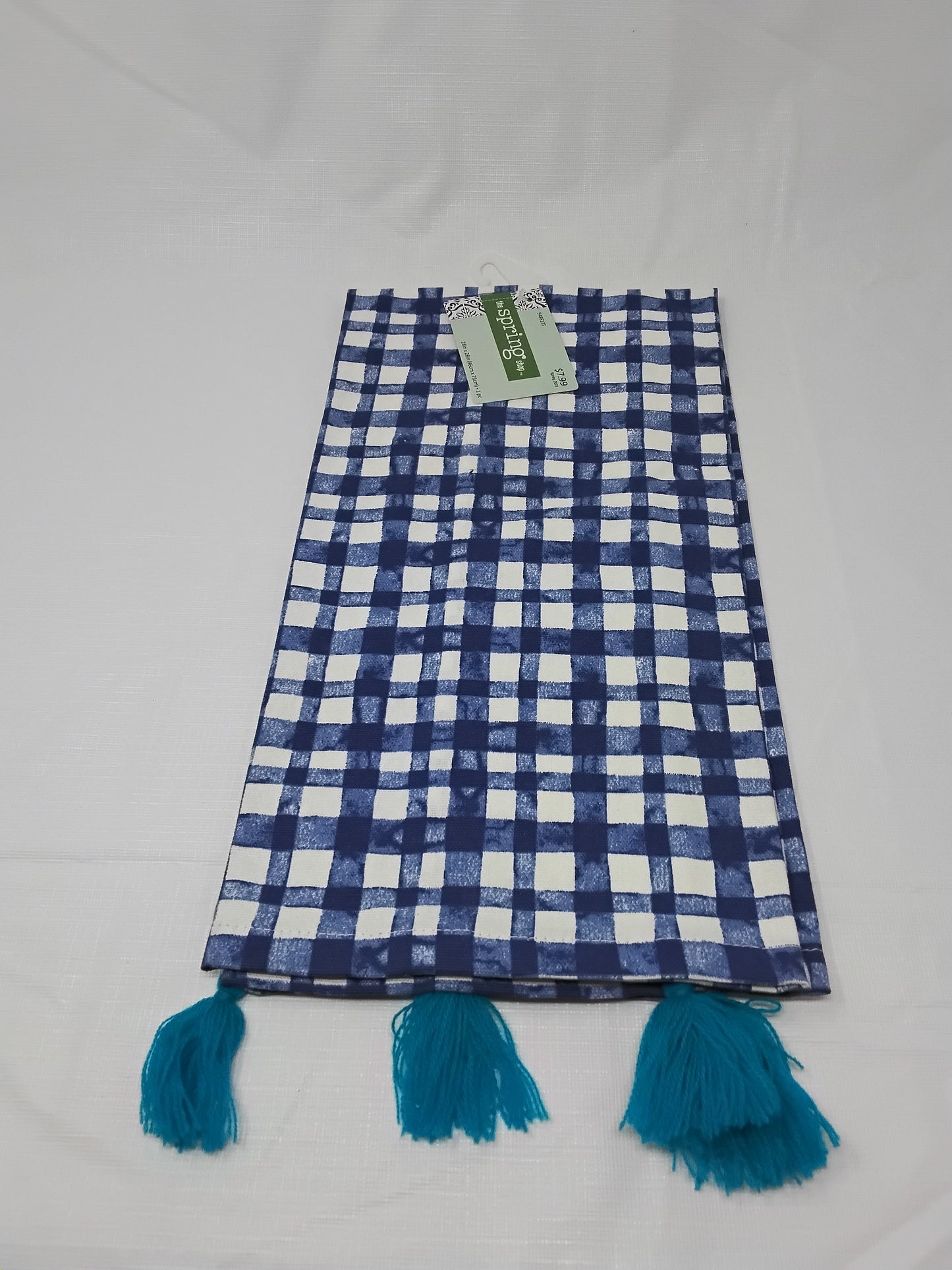 The Spring Shop Julia Kitchen Towel Blue & White Watercolor Gingham with Tassels 18x28 New