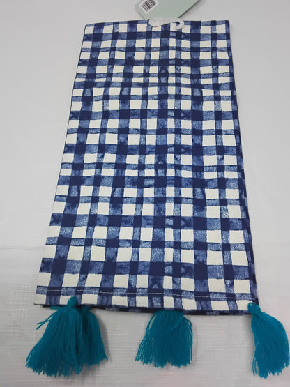 The Spring Shop Julia Kitchen Towel Blue & White Watercolor Gingham with Tassels 18x28 New