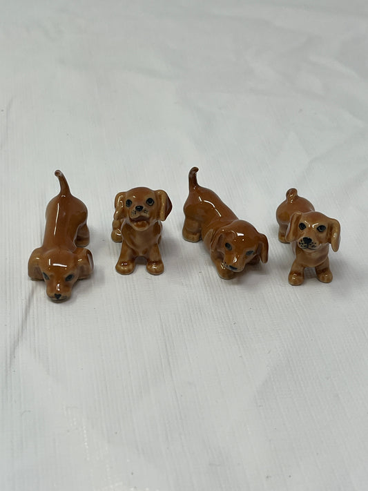 Set of 4 Miniature Ceramic Puppy Figurines – Brown, Hand-Painted