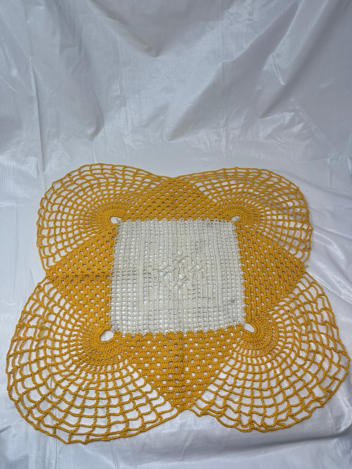 Hand Crocheted Square Doily – Cream & Yellow, 17" Vintage Table Accent