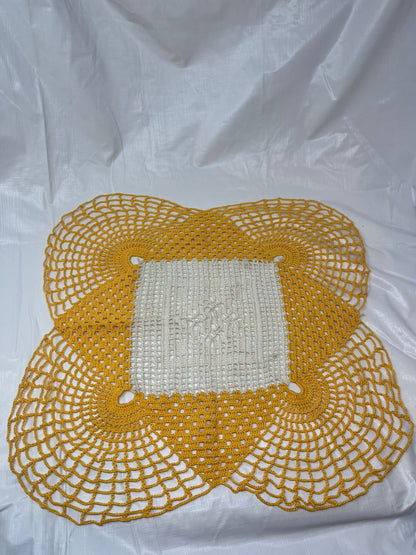 Hand Crocheted Square Doily – Cream & Yellow, 17" Vintage Table Accent