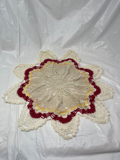Vintage Hand Crocheted Round Starburst Doily Tan Red Yellow 19"