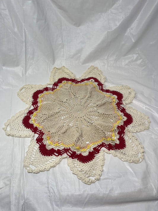 Vintage Hand Crocheted Round Starburst Doily Tan Red Yellow 19"