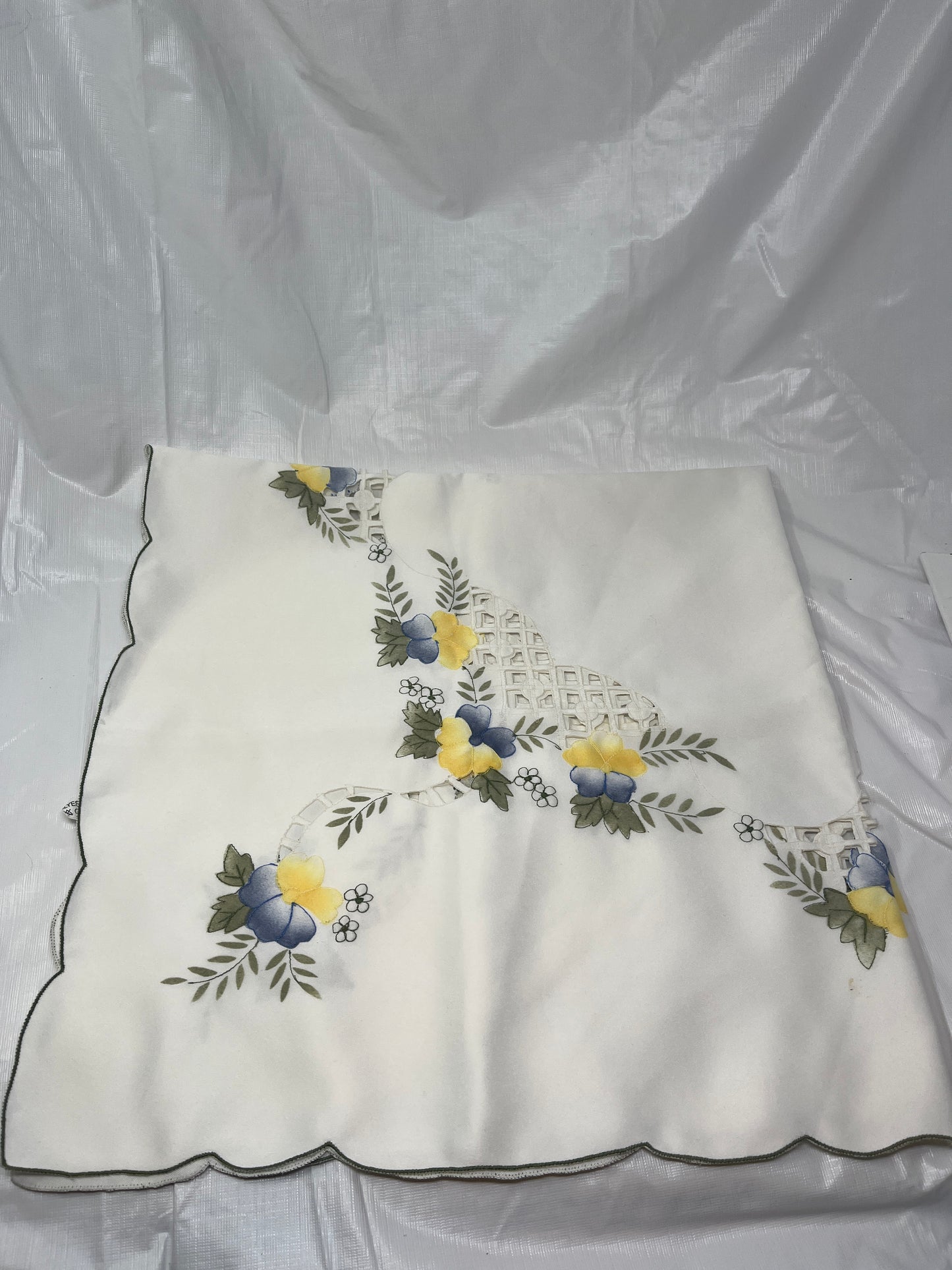 Vintage Square Embroidered Tablecloth – White, Blue & Yellow Floral (Stained)