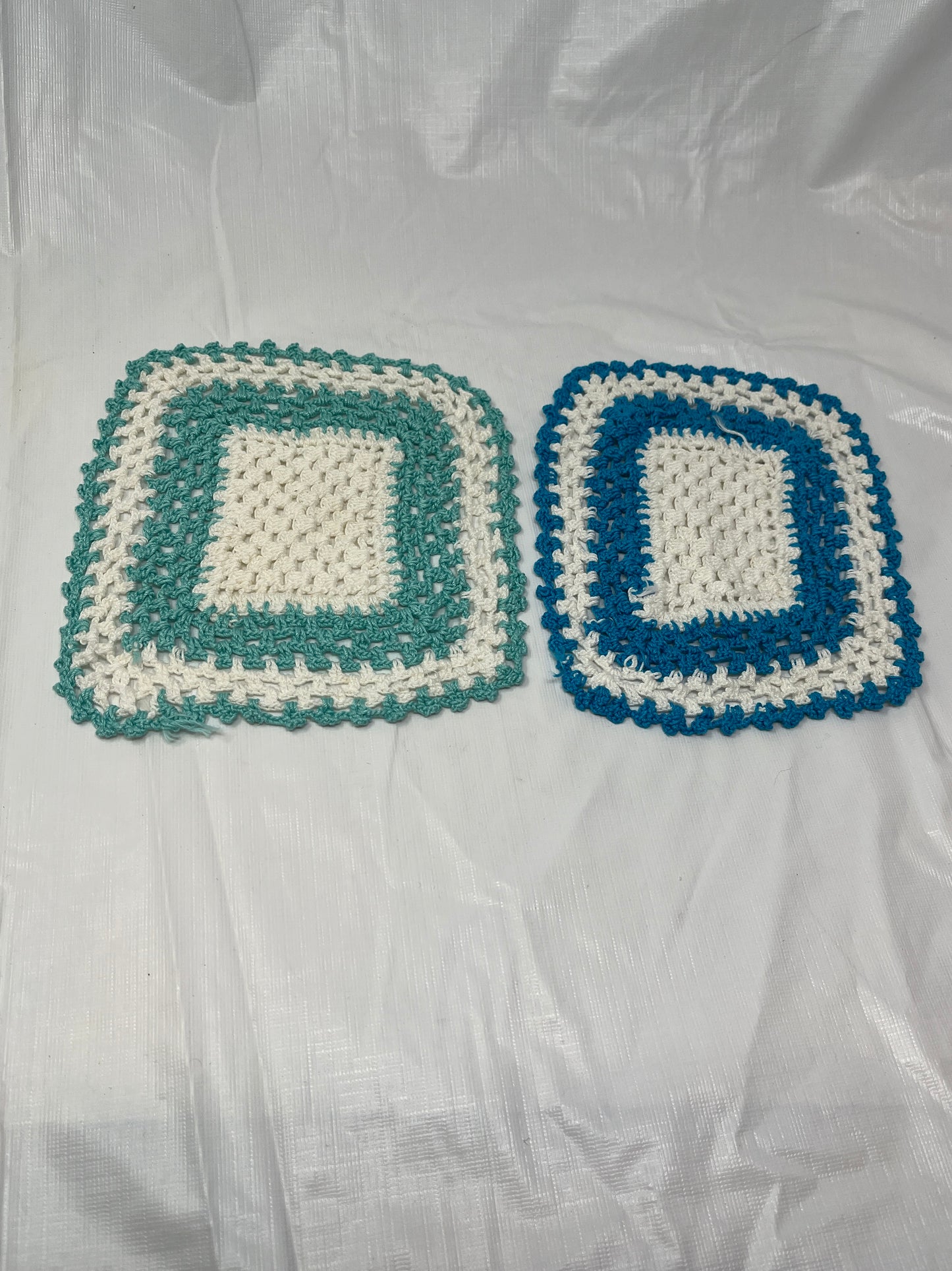 Set of 2 Vintage Crochet Pot Holders – Blue & Aqua Squares