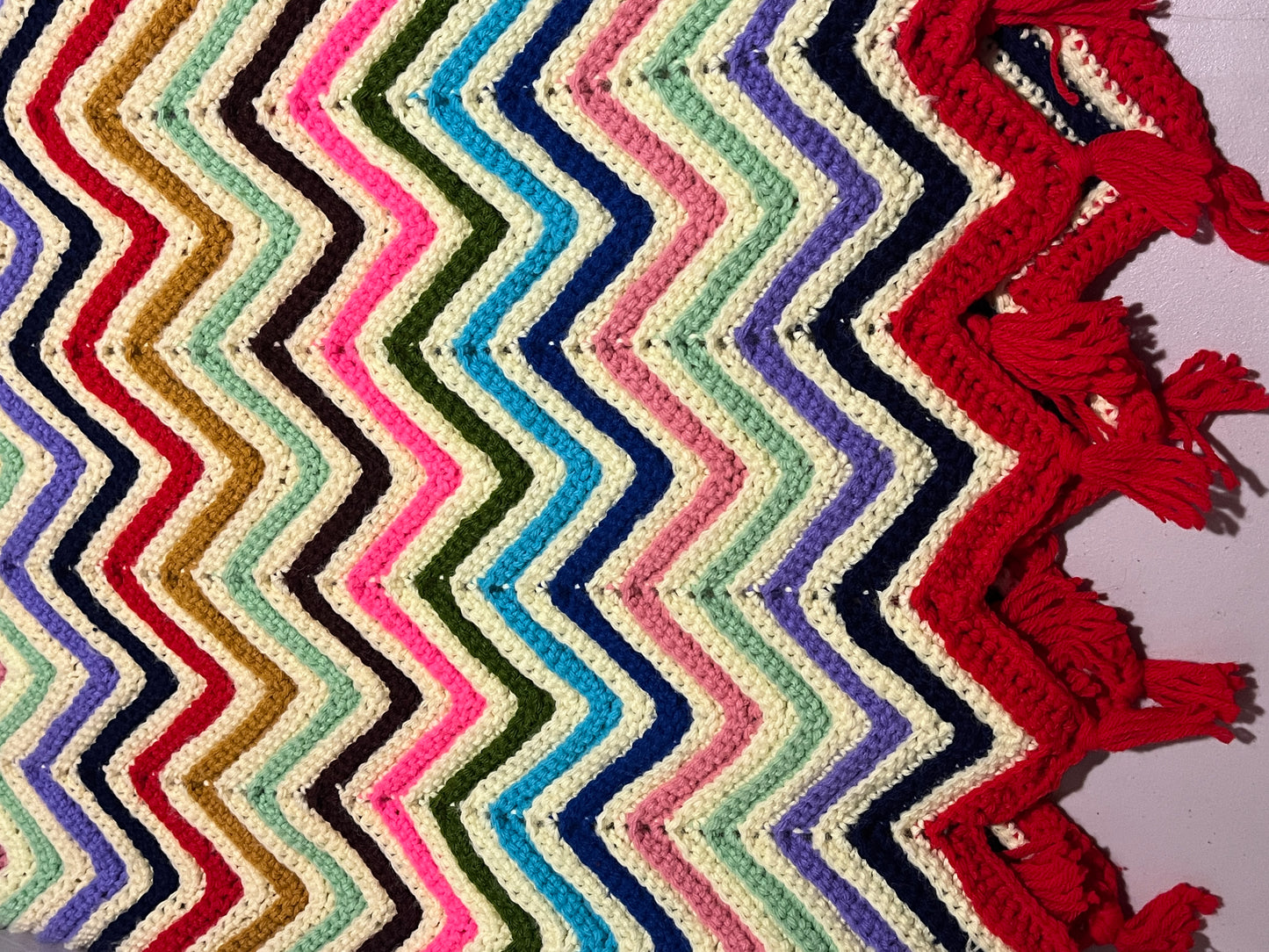 Vintage Handmade Chevron Afghan Blanket 80x54 Multicolor Red Fringe