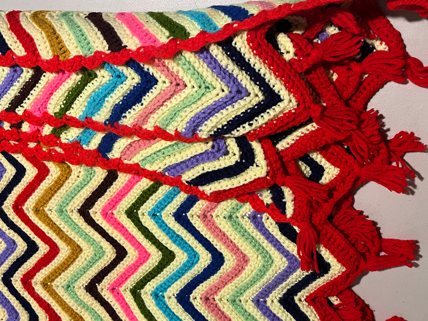 Vintage Handmade Chevron Afghan Blanket 80x54 Multicolor Red Fringe