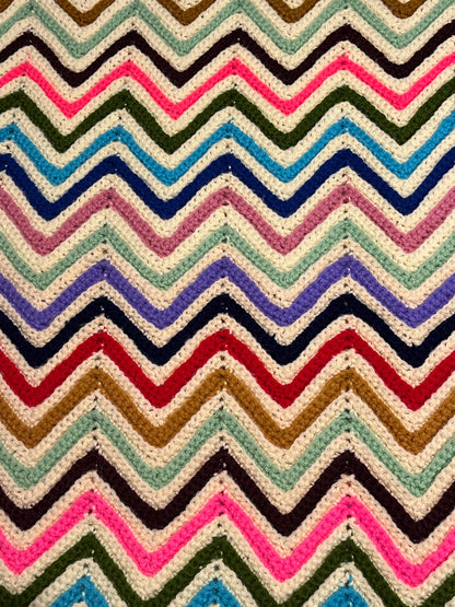 Vintage Handmade Chevron Afghan Blanket 80x54 Multicolor Red Fringe
