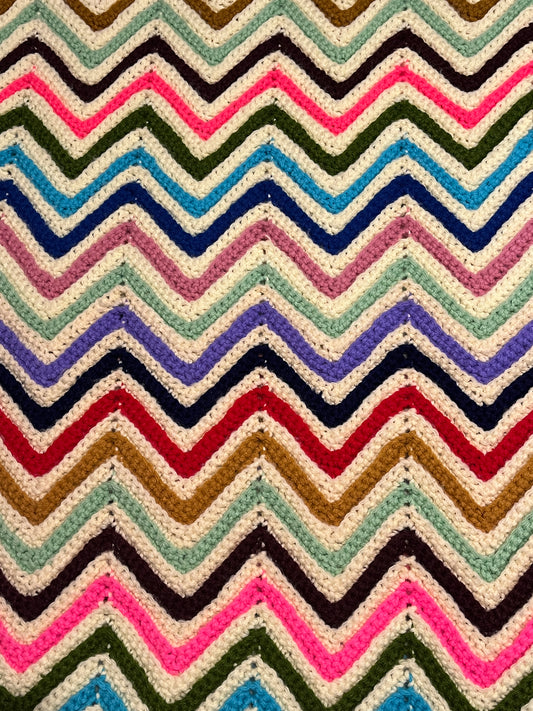 Vintage Handmade Chevron Afghan Blanket 80x54 Multicolor Red Fringe